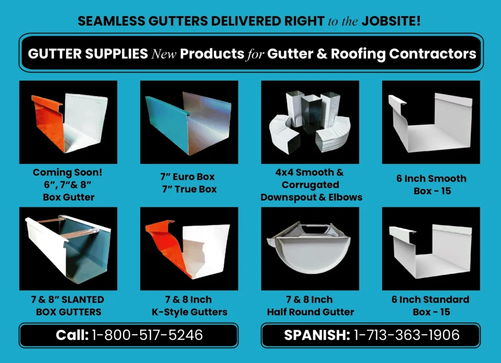 Seamless gutter profiles including box gutter, K-style, half round, and downspout elbows produced by US Rollformers machines